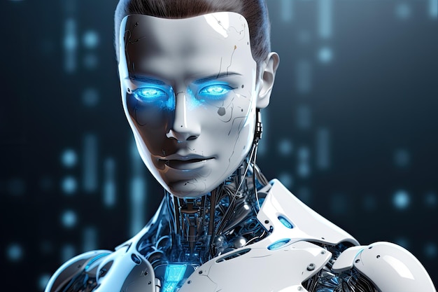 3d rendering female cyborg with circuit board on dark blue background Cyber digital world android robot pointing finger computer coding AI chatbot background AI Generated