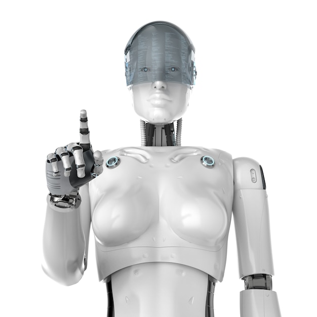 3d rendering female cyborg with goggle finger point