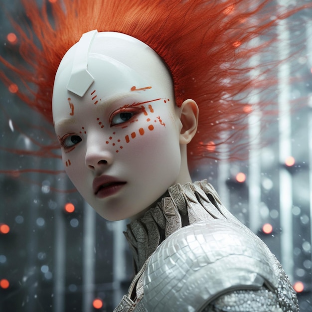 3d rendering of a female cyborg with red hair and silver armor