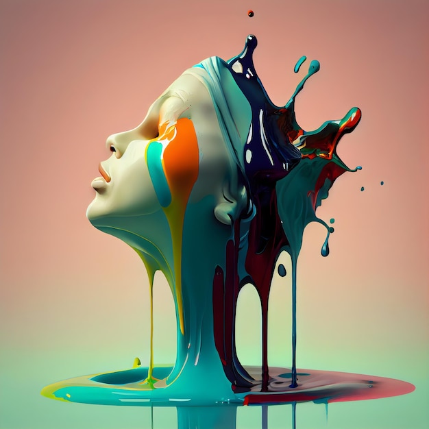 3d rendering of a female head with colorful paint splashes