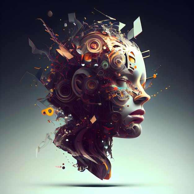 3d rendering of a female head with music notes in her head