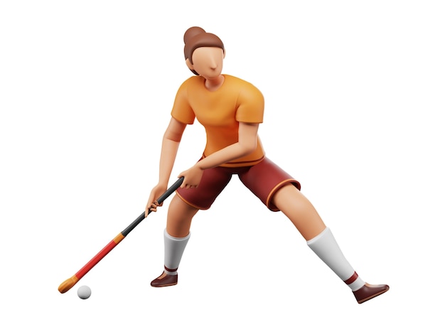 3D Rendering Of Female Hockey Player Hitting Ball With Stick On White Background.