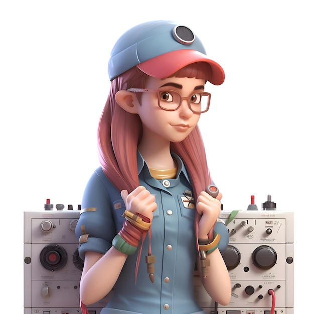 3D rendering of a female mechanic with glasses and cap isolated on white background
