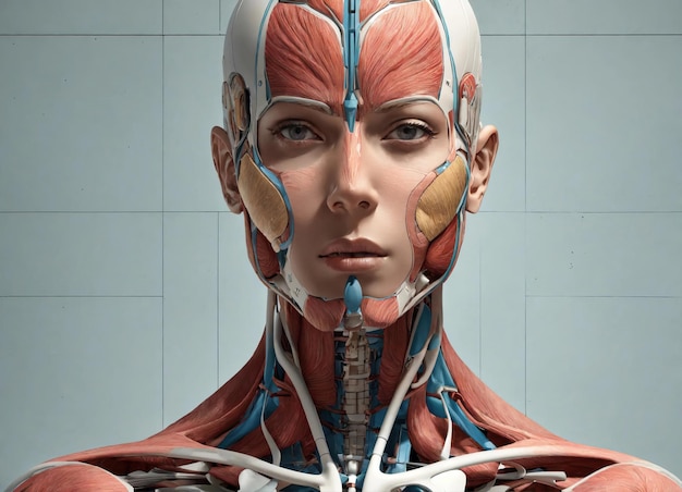 근육과 순환계를 가진 여성 의료 인형의 3D 렌더링
