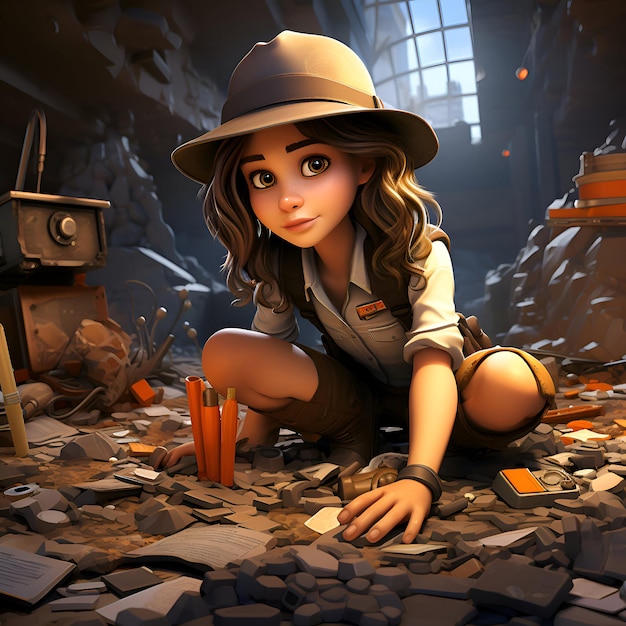 3D rendering of a female miner in the ruins of a factory