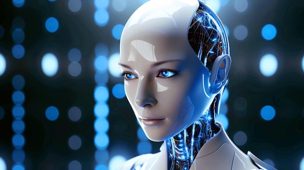 3d rendering of a female robot on blue bokeh background artificial intelligence concep