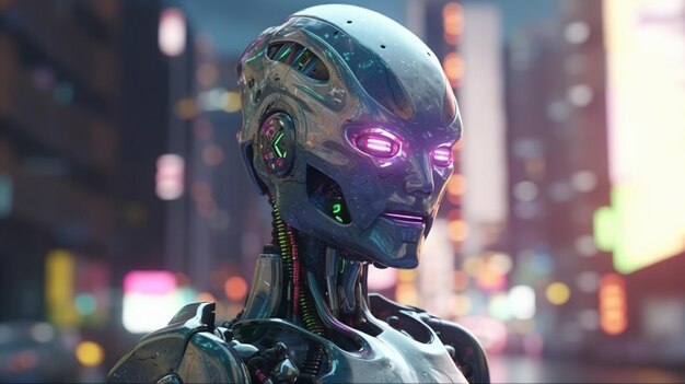 3D rendering of a female robot in a futuristic city at night generative ai