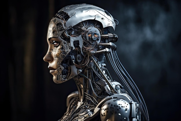 3D rendering of a female robot with artificial intelligence over dark background cyborgs merged with artificial intelligence AI Generated