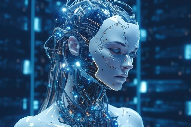 3d rendering of a female robot with blue lights on the background