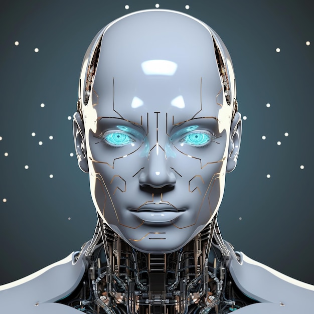 3d rendering of a female robot with a cyber interface on a dark background