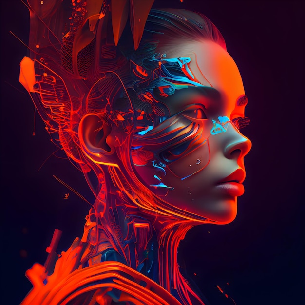 3d rendering of a female robot with futuristic hairstyle on black background