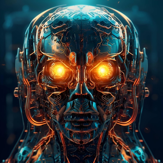 3D rendering of a female robot with glowing eyes on a dark background