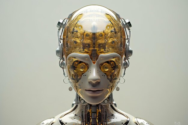 A 3d rendering of a female robot with gold