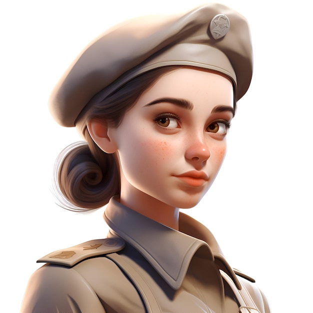3D-рендеринг женщины-солдата в берете на белом фоне