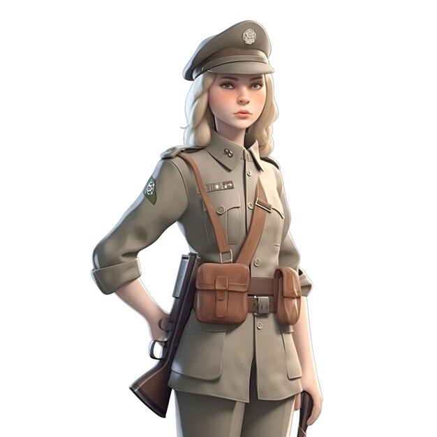 3D rendering of a female soldier with a gun isolated on white background