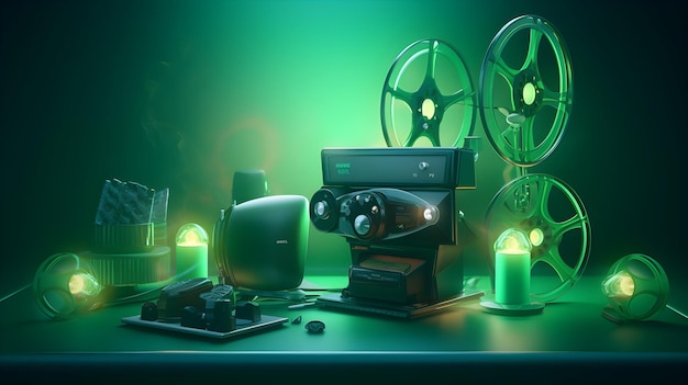 A 3D rendering of a film projector and headphones