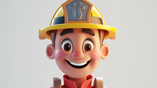 A 3D rendering of a firefighter He is wearing a yellow helmet and a red uniform He has a friendly smile on his face