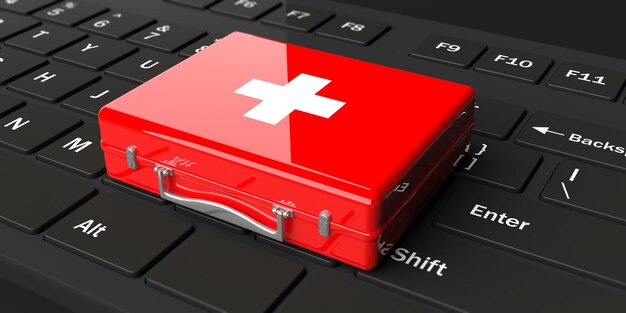 Photo 3d rendering first aid kit on a black keyboard