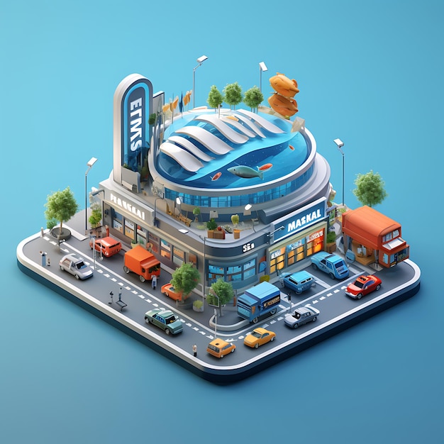 3d rendering of fish market city isometric miniature