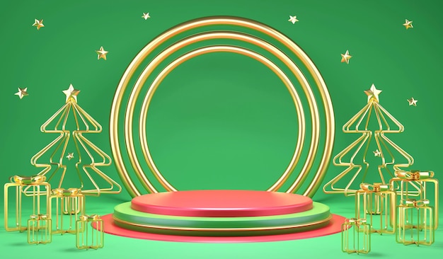 3D rendering flat design golden line Christmas ornaments and podium for product display on green background