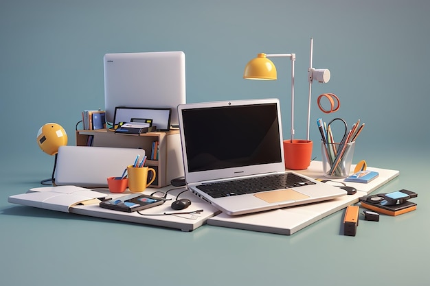 3d rendering of floating laptop and office accessories