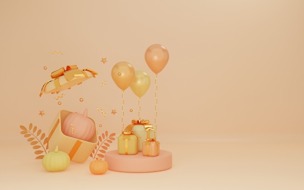 3D rendering of floating open box for autumn with pumpkin gift box and balloon