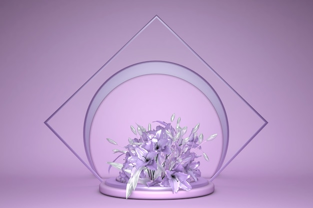 3D rendering flower background purple, Violet color on geometric shape podium minimal concept, pastel elements