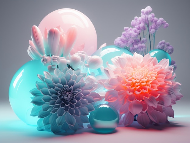 A 3d rendering of flowers and a vase with flowers