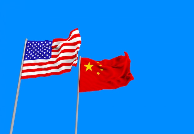 3d rendering. flowing USA and China national flags with clipping path isolated on blue sky .