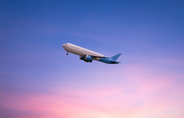 Photo 3d rendering flying airplane on twilight sky background