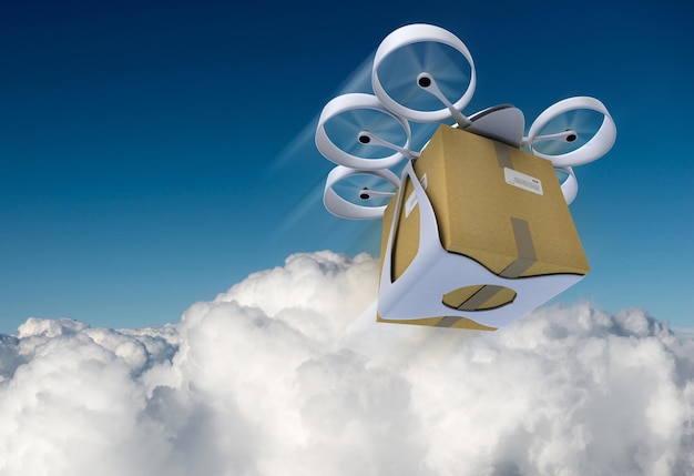 Photo 3d rendering of a flying drone carrying a box against a blue sky