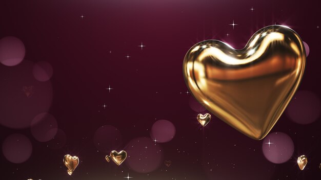 3D rendering Flying golden hearts on a claret background