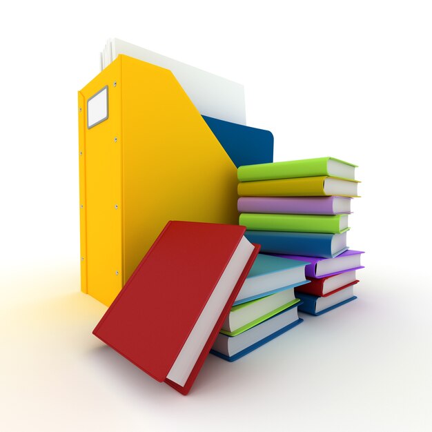 3D rendering of a folder with documents and a pile of books