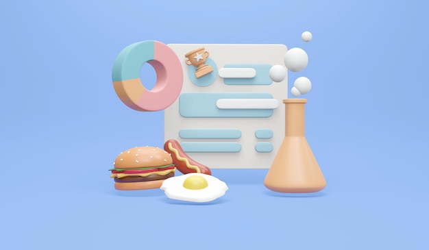 3D Rendering of food and science experimantal elements on background concept of food science experimental. 3D render illustration cartoon style.