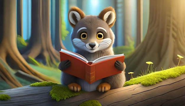 Foto rendering 3d del libro di lettura sugli animali della foresta