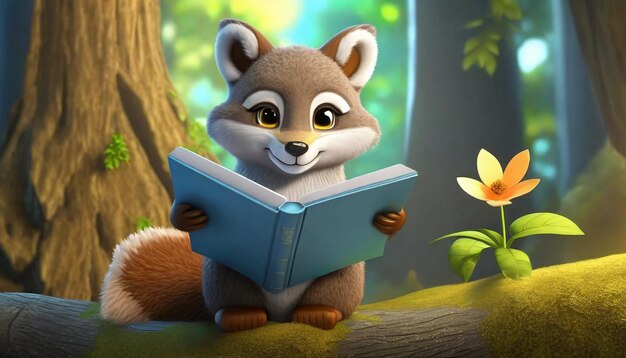 3d rendering of forest animal reading book