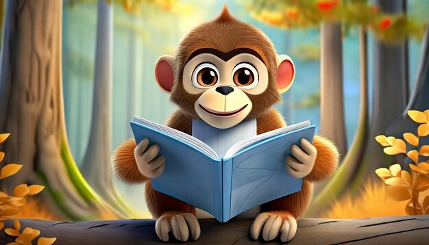 3d rendering of forest Funny monkey reading book