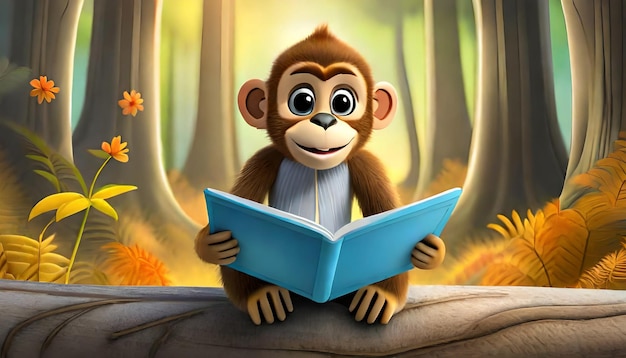 Photo 3d rendering of forest funny monkey reading book