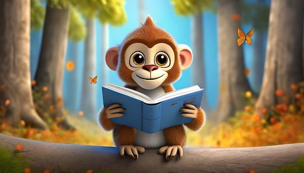 Photo 3d rendering of forest funny monkey reading book