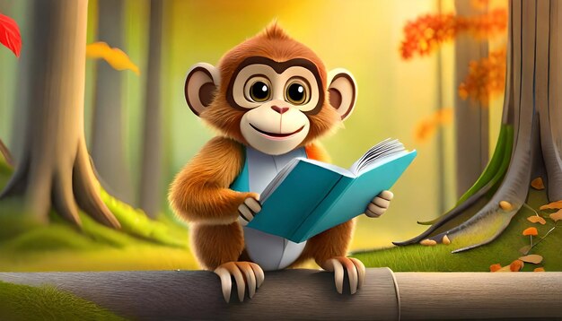 3d rendering of forest Funny monkey reading book