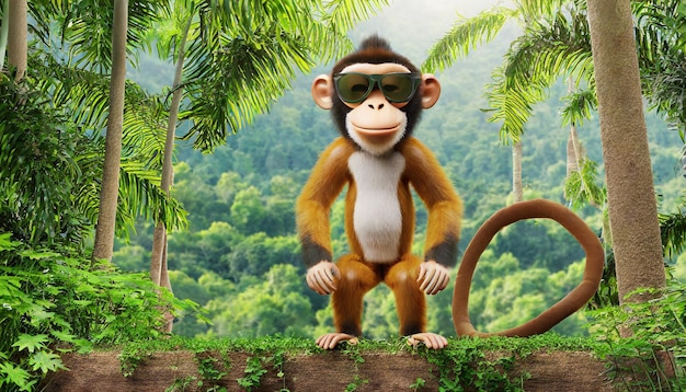Photo 3d rendering of forest in stand monkey and wear sunglass
