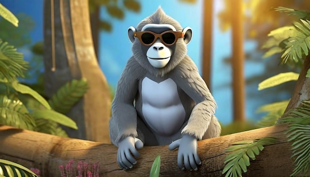 3d rendering of forest in stand monkey and wear sunglass