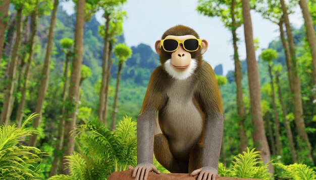 Photo 3d rendering of forest in stand monkey and wear sunglass