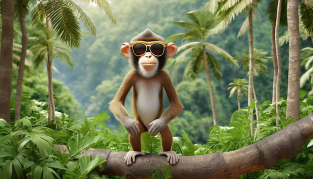 Photo 3d rendering of forest in stand monkey and wear sunglass