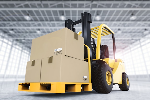 3d rendering forklift truck with cardboard boxes in factory