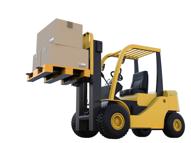 3d rendering forklift truck with cardboard boxes isoalted on white