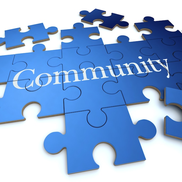 Photo 3d rendering of a forming puzzle with the word community