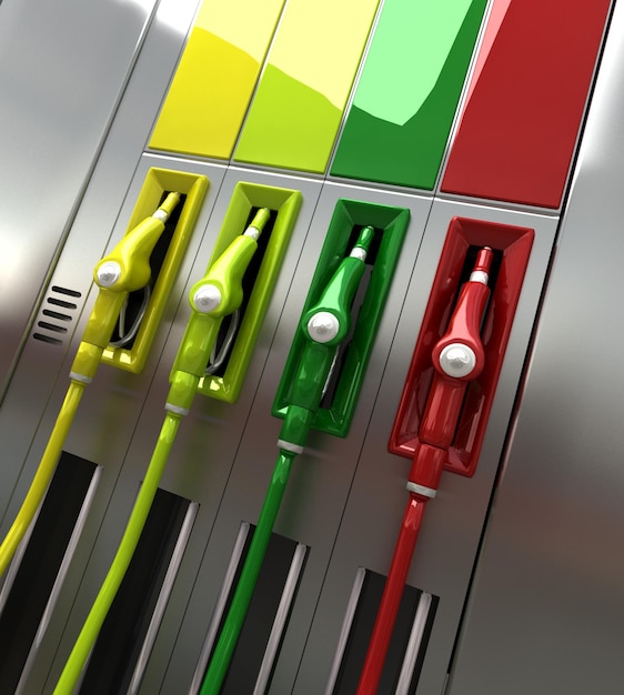 Photo 3d rendering of four brightly colored gas pumps with empty labels