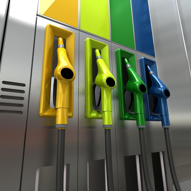 3D rendering of four brightly colored gas pumps