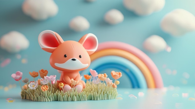 3D Rendering of a Fox Sitting in a Field of Flowers with a Rainbow in the Background